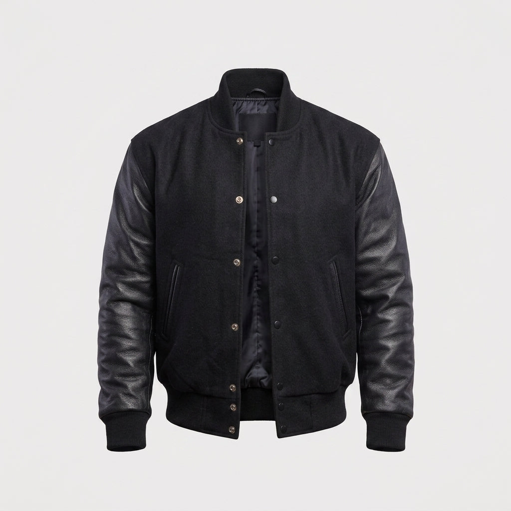 Stylish Black Wool & Leather Letterman Jacket – Premium Men's Varsity Jacket