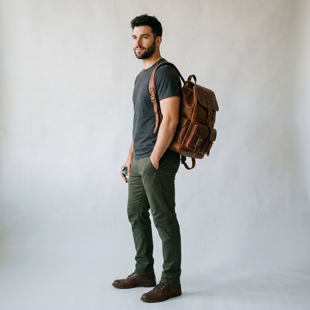 Vintage Brown Full-Grain Cowhide Leather Backpack with Drawstring Closure