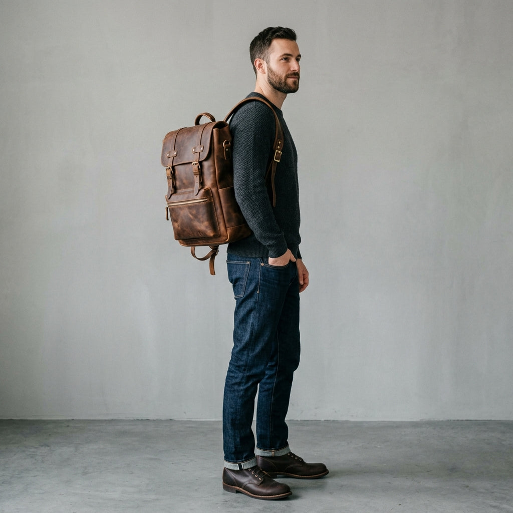 Vintage Genuine Leather Laptop Backpack with Multiple Pockets & Brass Hardware