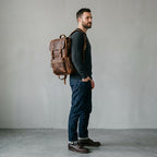 Vintage Genuine Leather Laptop Backpack with Multiple Pockets & Brass Hardware