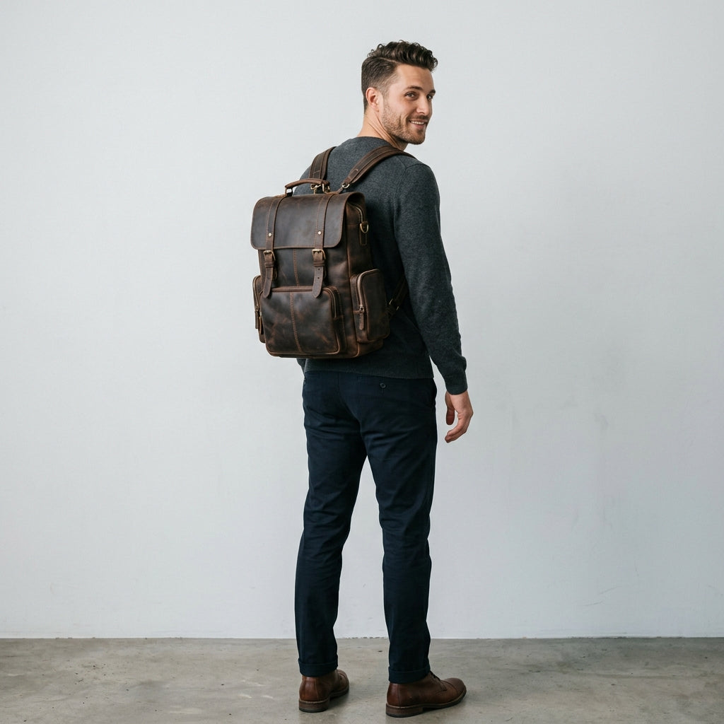 Vintage Brown Genuine Leather Laptop Backpack for Travel & Work