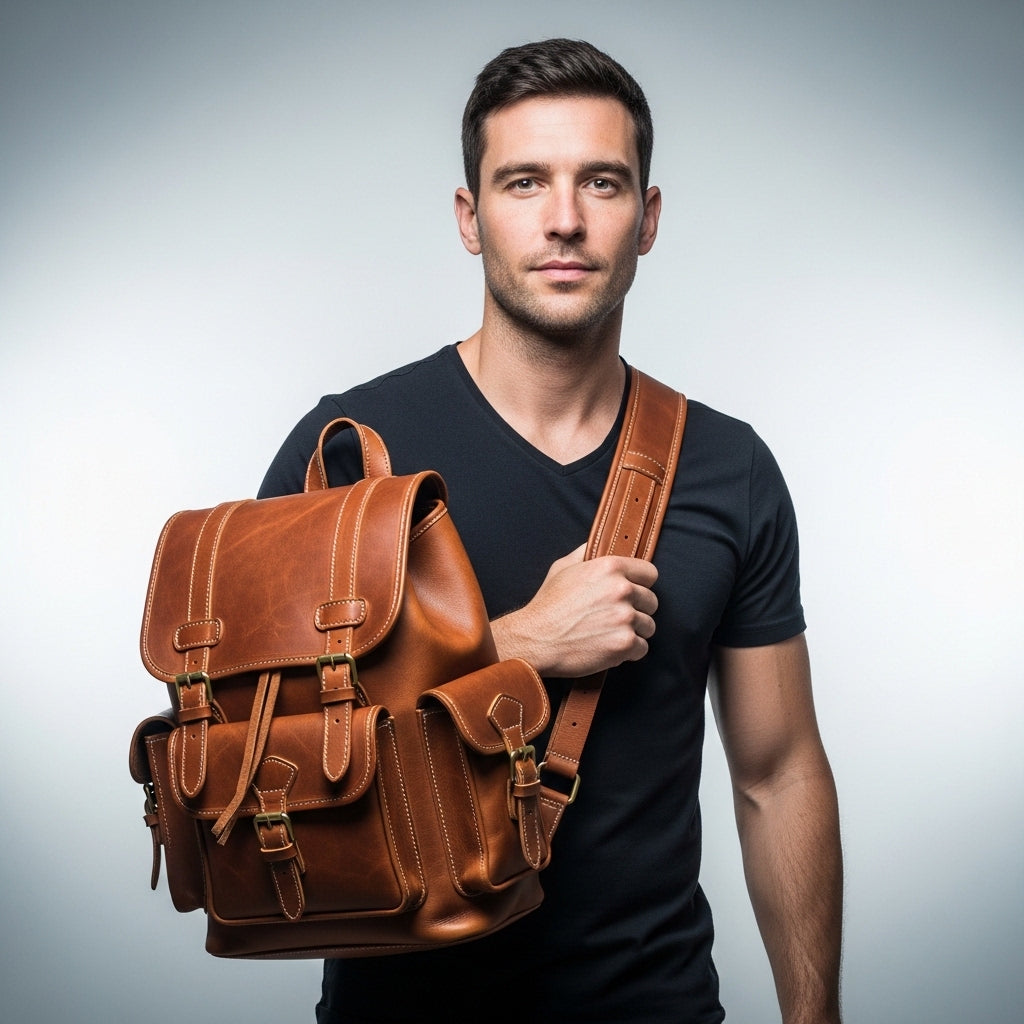 Vintage Brown Leather Backpack with Buckled Pockets & Adjustable Straps