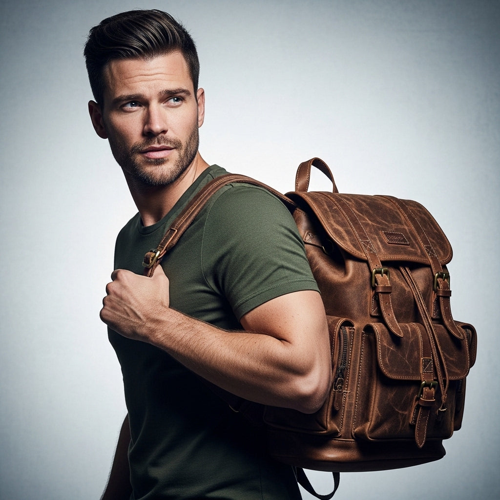 Rugged Distressed Full-Grain Leather Backpack with Buckle Closures & Exterior Pockets