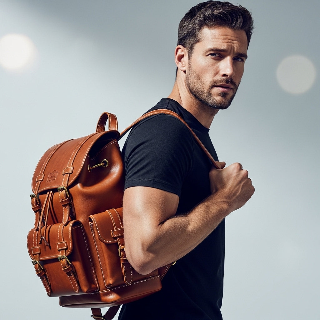 Vintage Genuine Leather Backpack with Buckle Straps & Multiple Exterior Pockets