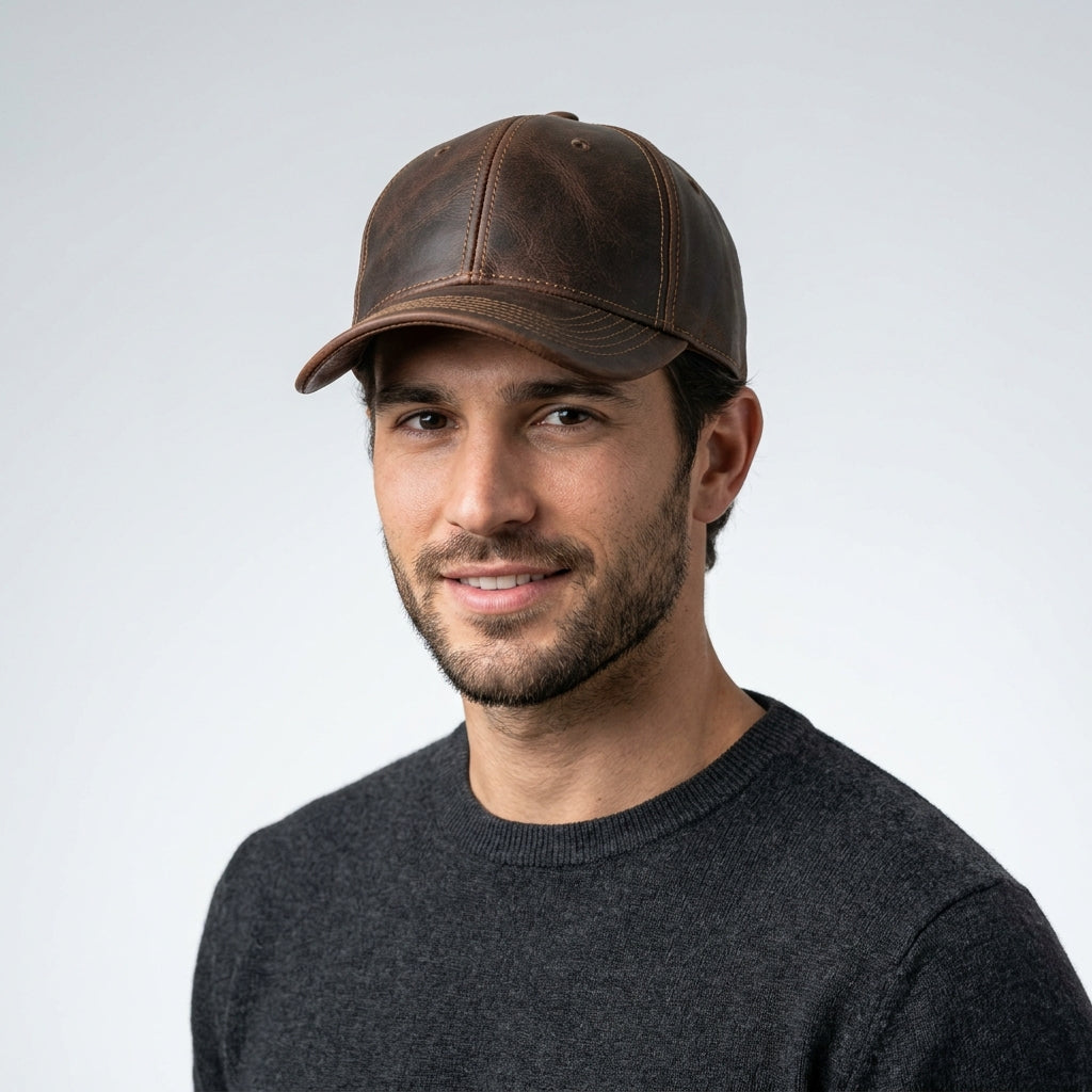 Caps Club Brown Distressed Leather Cap – Premium Vintage Structured Hat