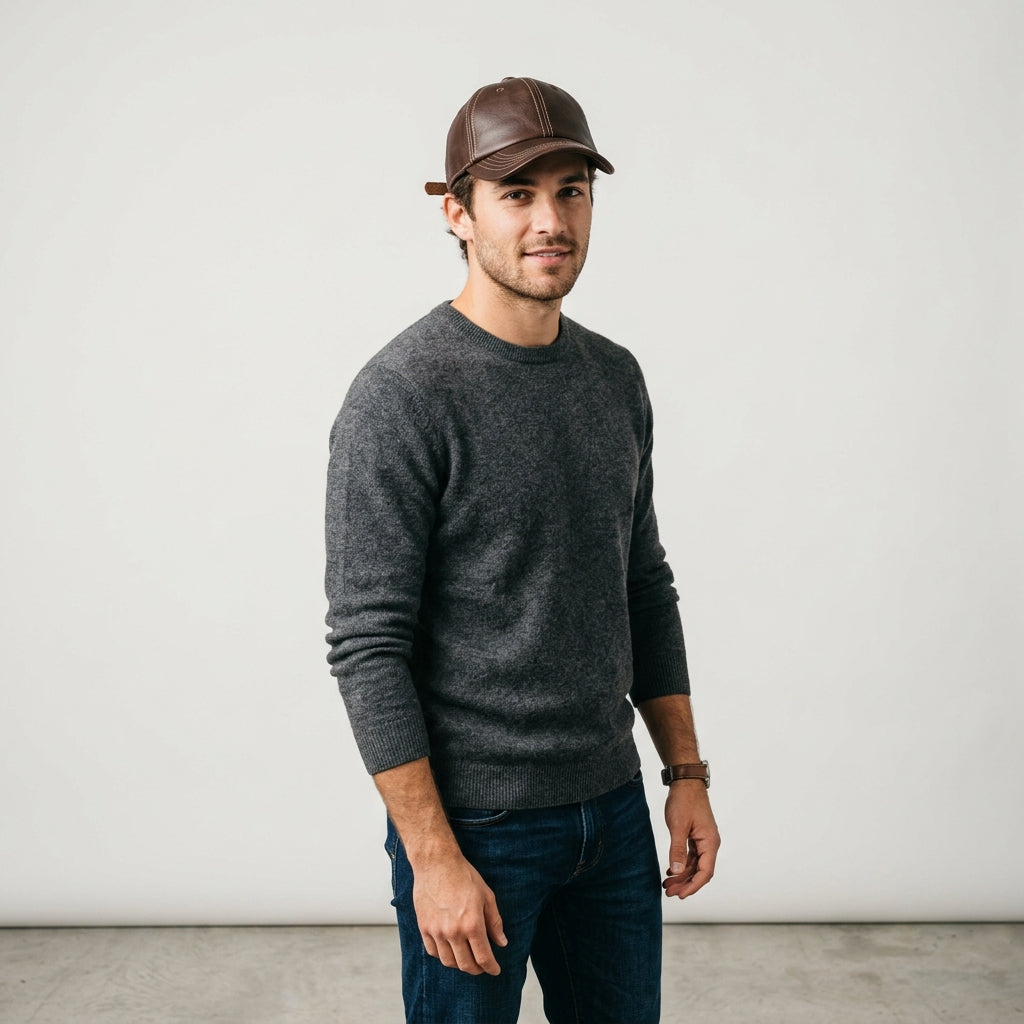 Brown Leather Baseball Cap with Contrast Stitching & Adjustable Strap