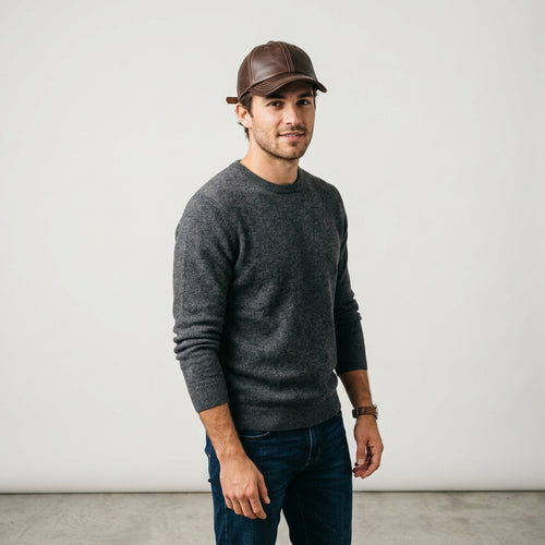 Brown Leather Baseball Cap with Contrast Stitching & Adjustable Strap