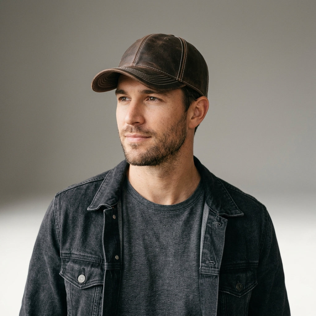 Handmade Distressed Brown Cowhide Leather Baseball Cap with White Contrast Stitching