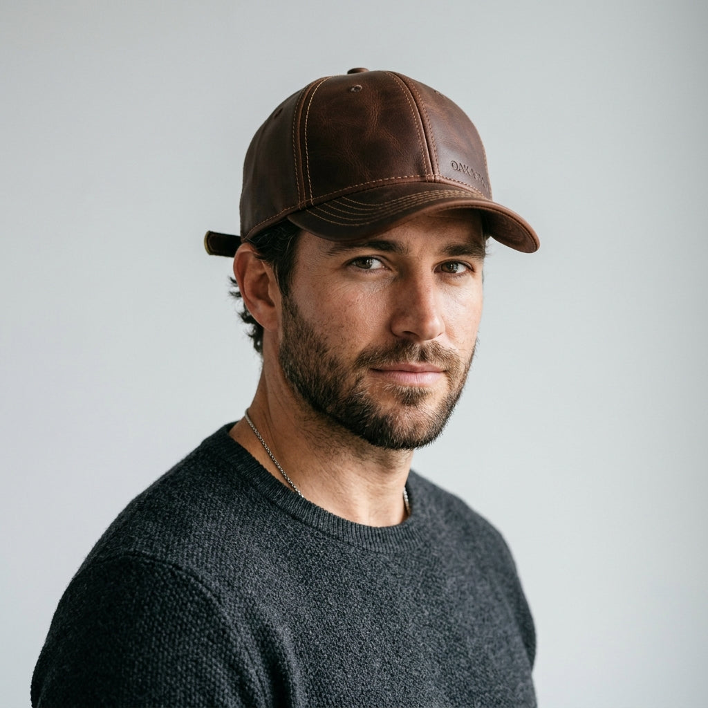 Oakeo Brown Distressed Leather Baseball Cap with Rear Buckle Adjustment