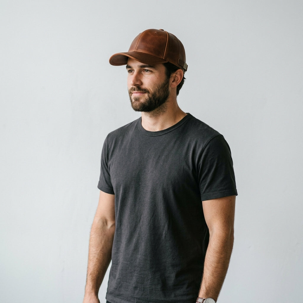Brown Distressed Leather Baseball Cap with Metal Buckle Adjustable Strap