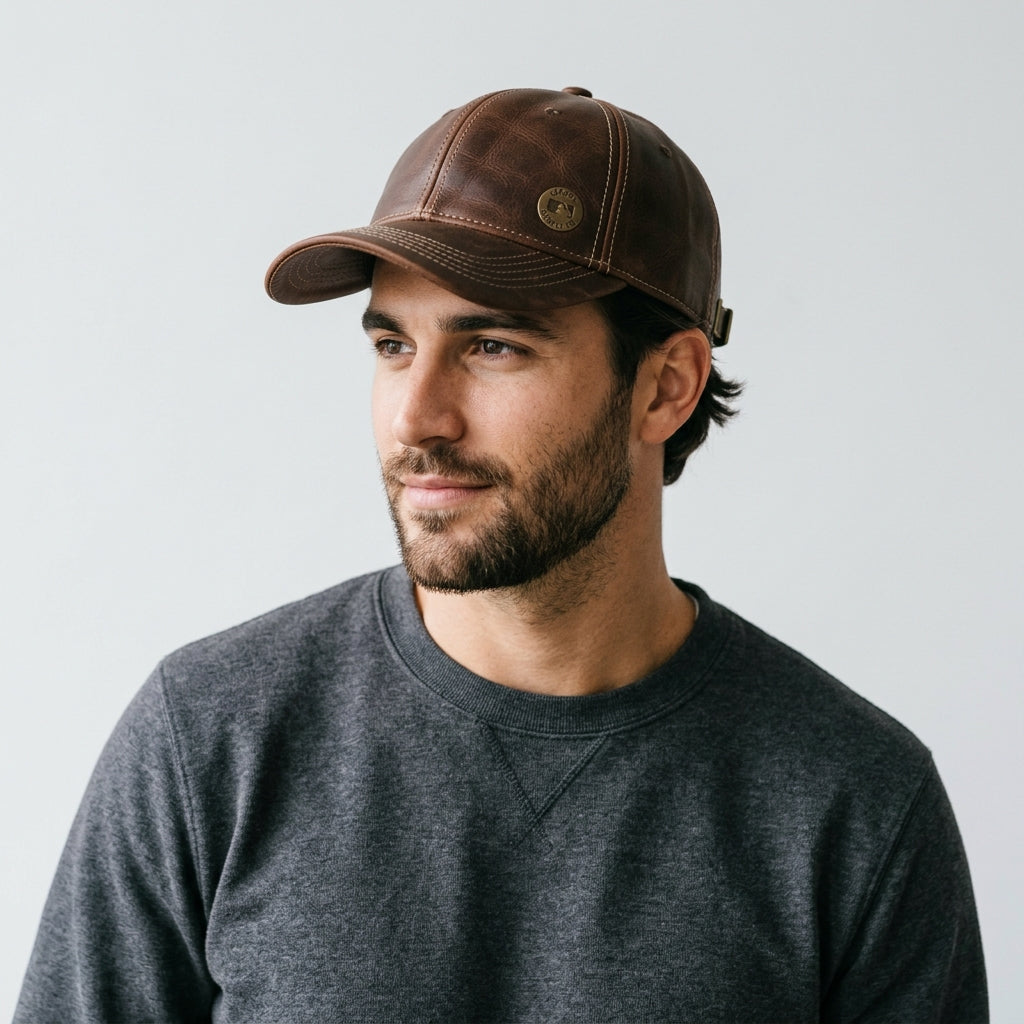 ISLEFIELD Brown Leather Baseball Cap with Gold Circular Logo