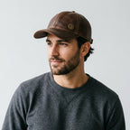 ISLEFIELD Brown Leather Baseball Cap with Gold Circular Logo