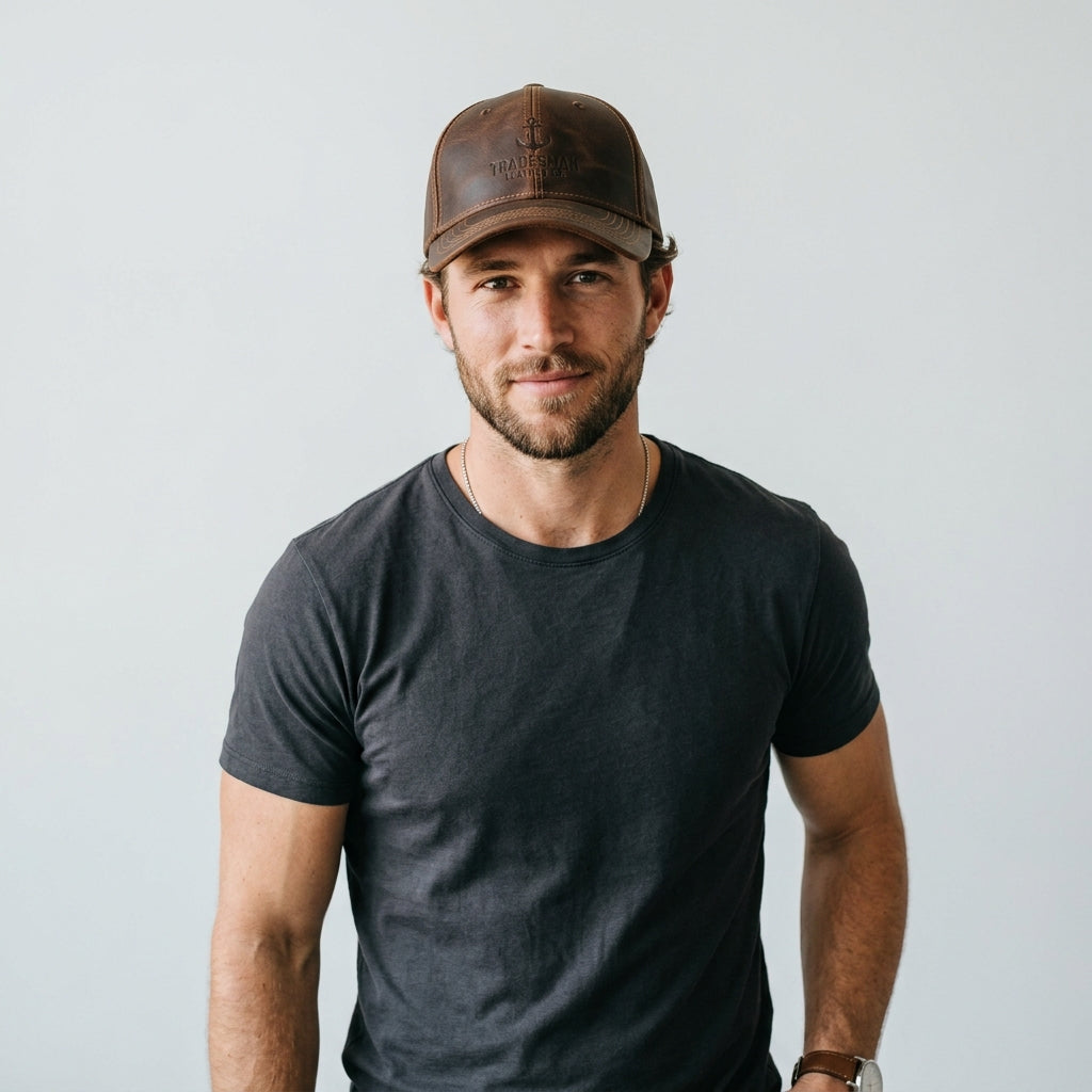 Tradesman Leather Co. Brown Leather Baseball Cap with Debossed Anchor Logo