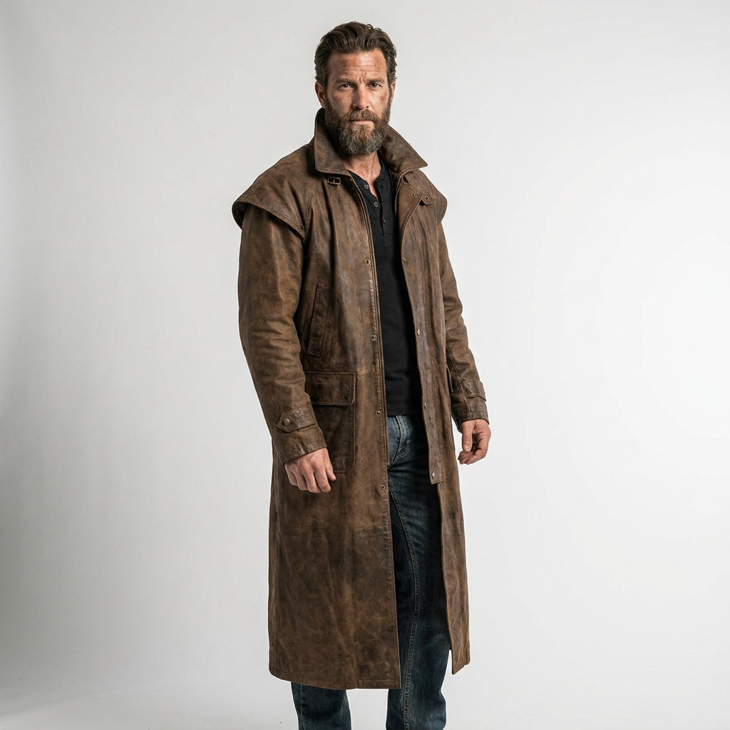 Men’s Rugged Brown Distressed Leather Duster Coat – Vintage Western Long Coat