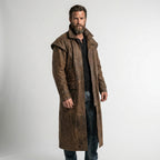 Men’s Rugged Brown Distressed Leather Duster Coat – Vintage Western Long Coat