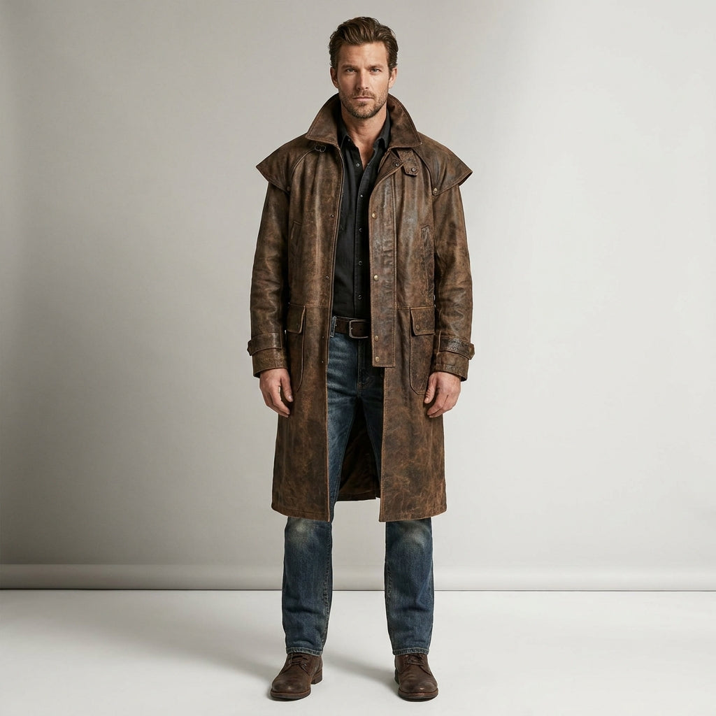 Men’s Distressed Brown Leather Duster Coat – Rugged Western Long Coat