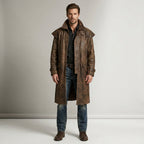 Men’s Distressed Brown Leather Duster Coat – Rugged Western Long Coat