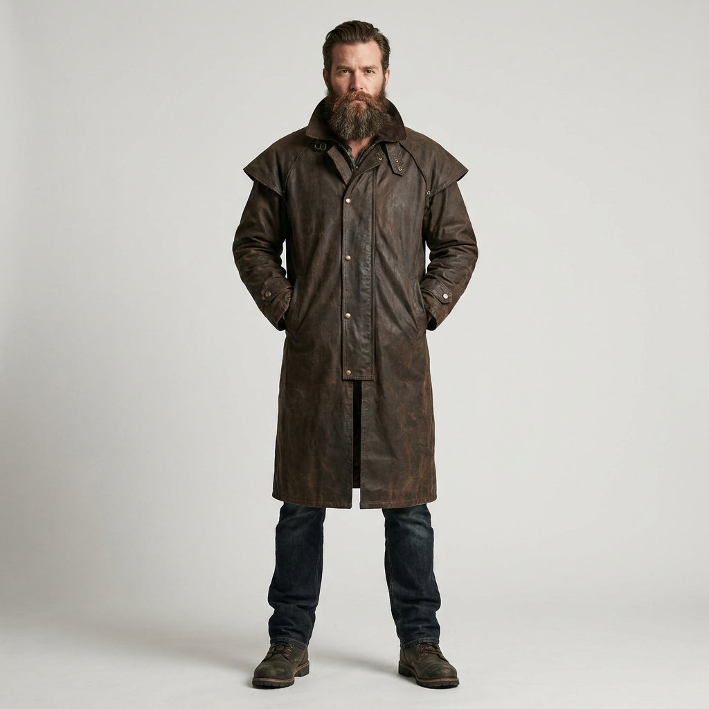 Men’s Low Rider Leather Duster Coat – Durable Western Outback Style
