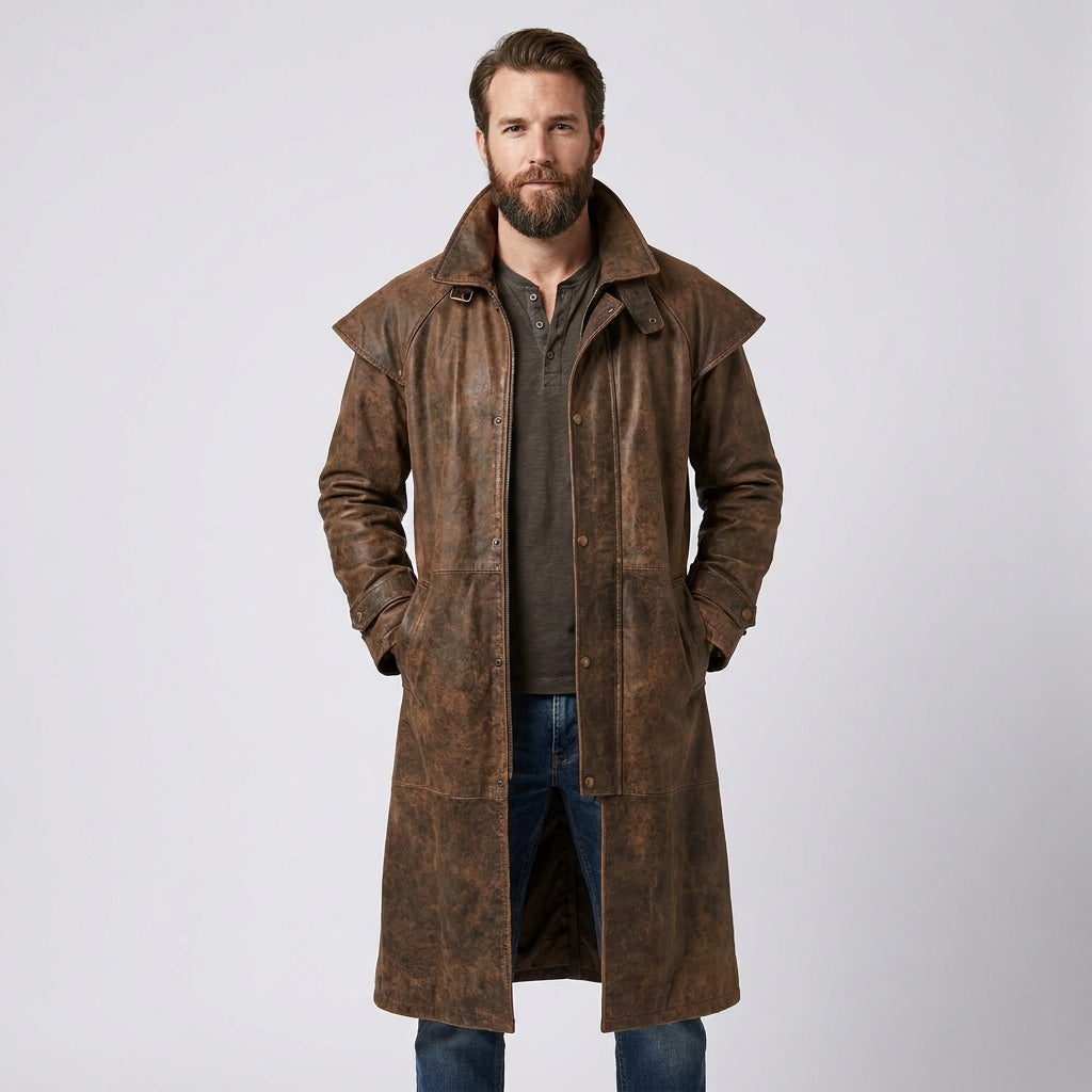 Men’s Leather Duster Coat with Removable Shoulder Cape – Classic Western Long Coat
