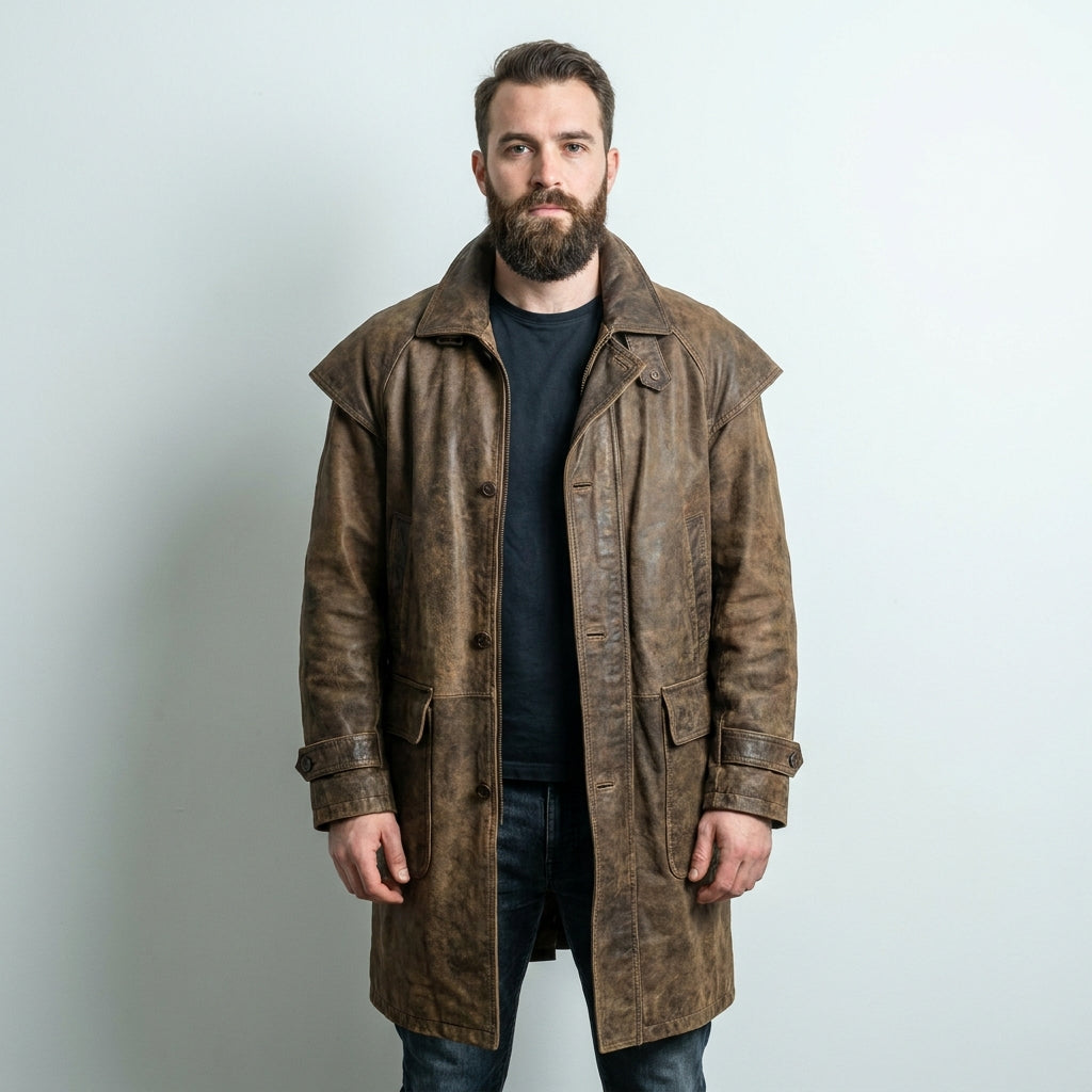 Men’s Brown Leather Trench Coat with Shoulder Cape – Classic Duster Style