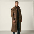 Men’s Distressed Brown Leather Duster Trench Coat with Shoulder Cape