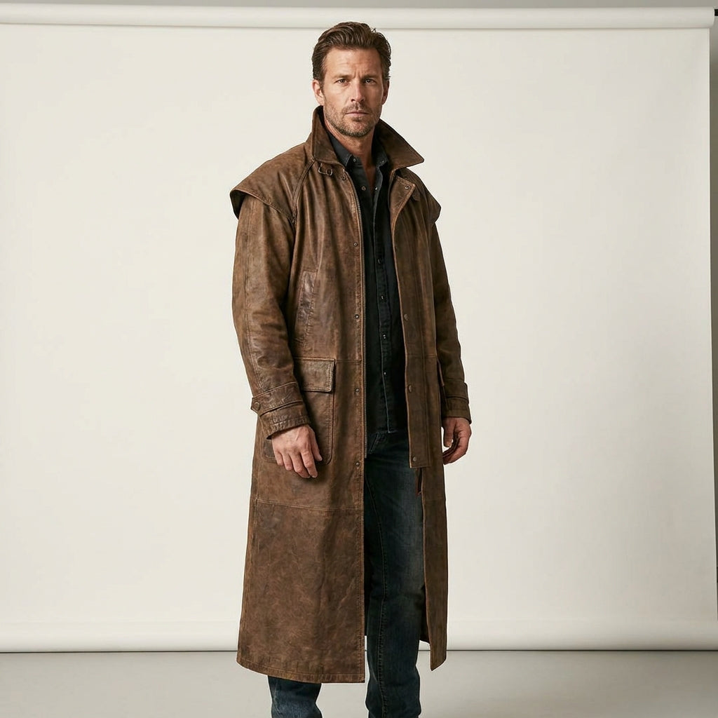 Men’s Distressed Brown Leather Duster Trench Coat with Shoulder Cape
