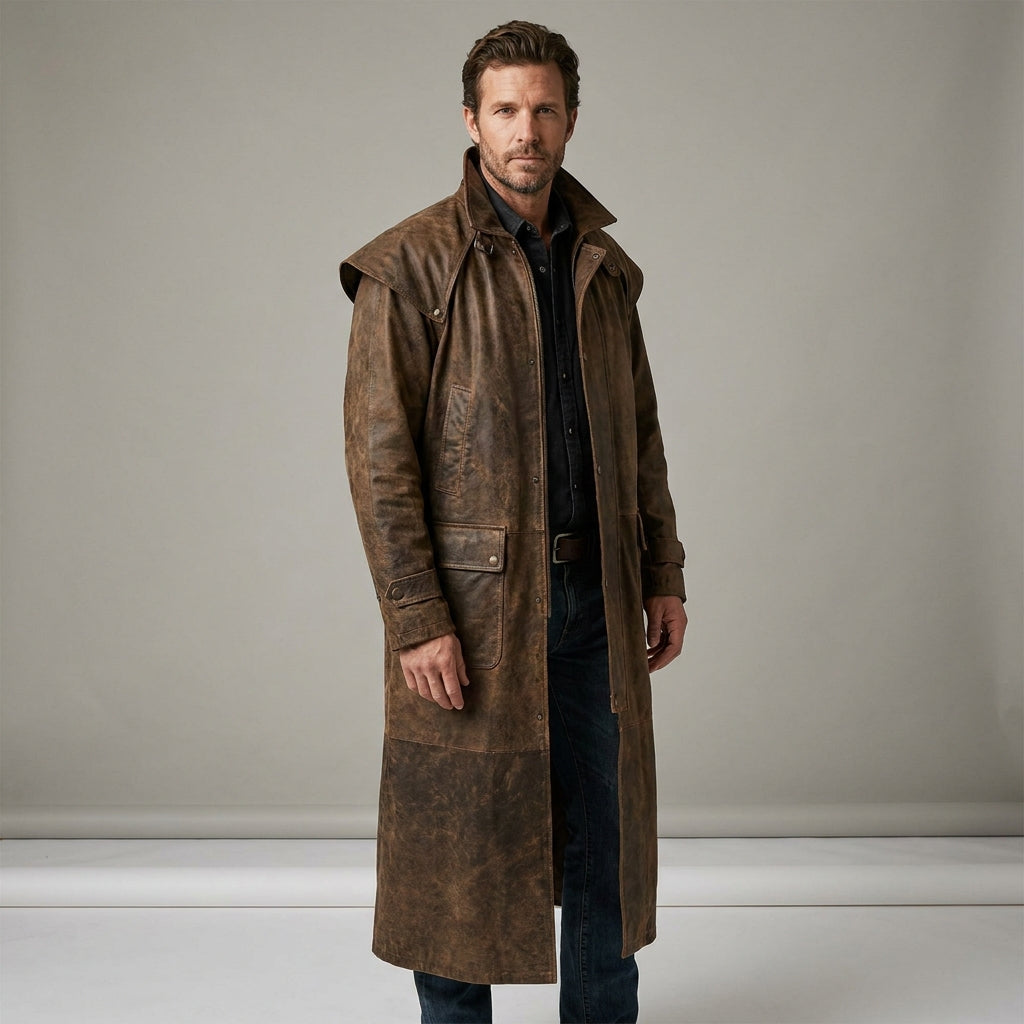 Men’s Australian Full Length Duster Outback Coat – Distressed Nubuck Cowhide Leather