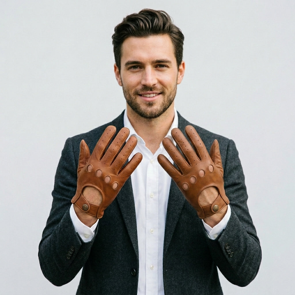 Men’s Cognac Leather Driving Gloves – Handcrafted Classic Motoring Style