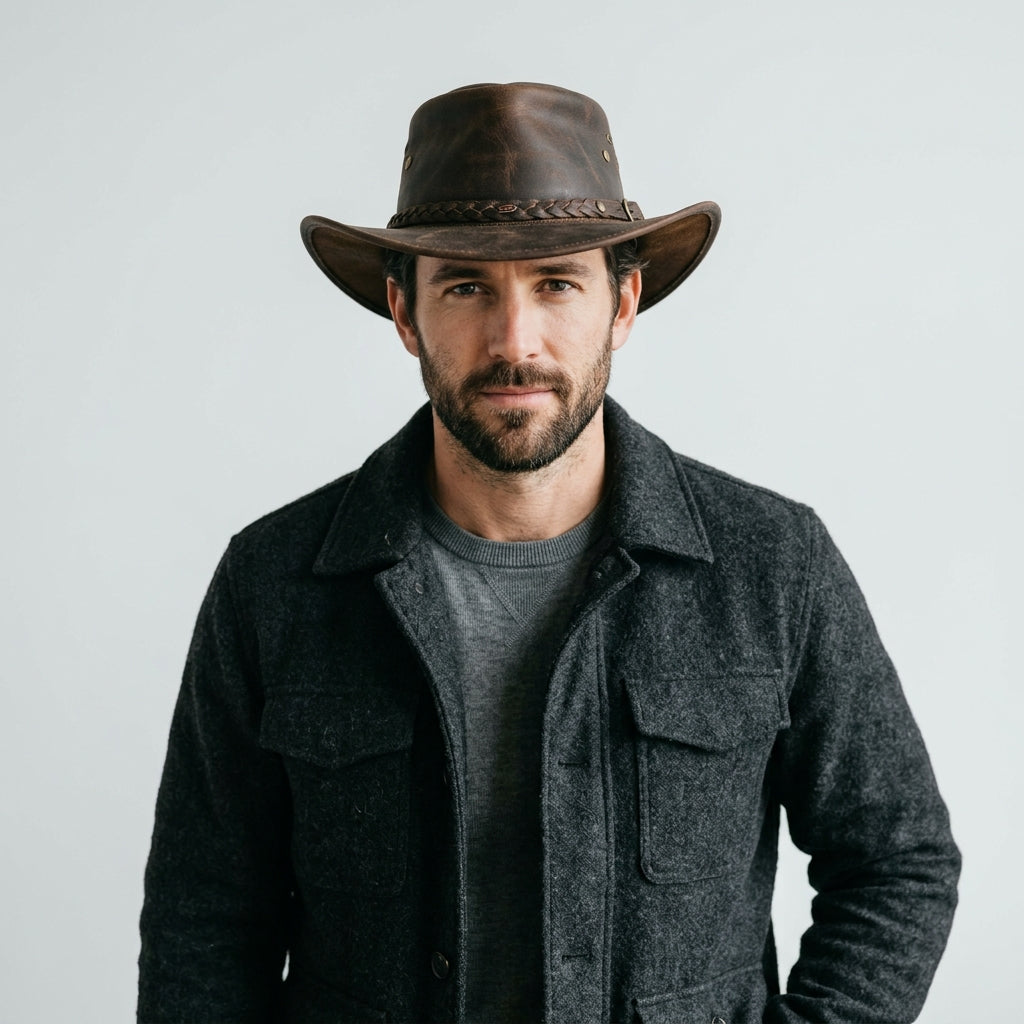 Barmah Brown Squashy Leather Hat with Braided Hatband – Crushable Cowhide Design
