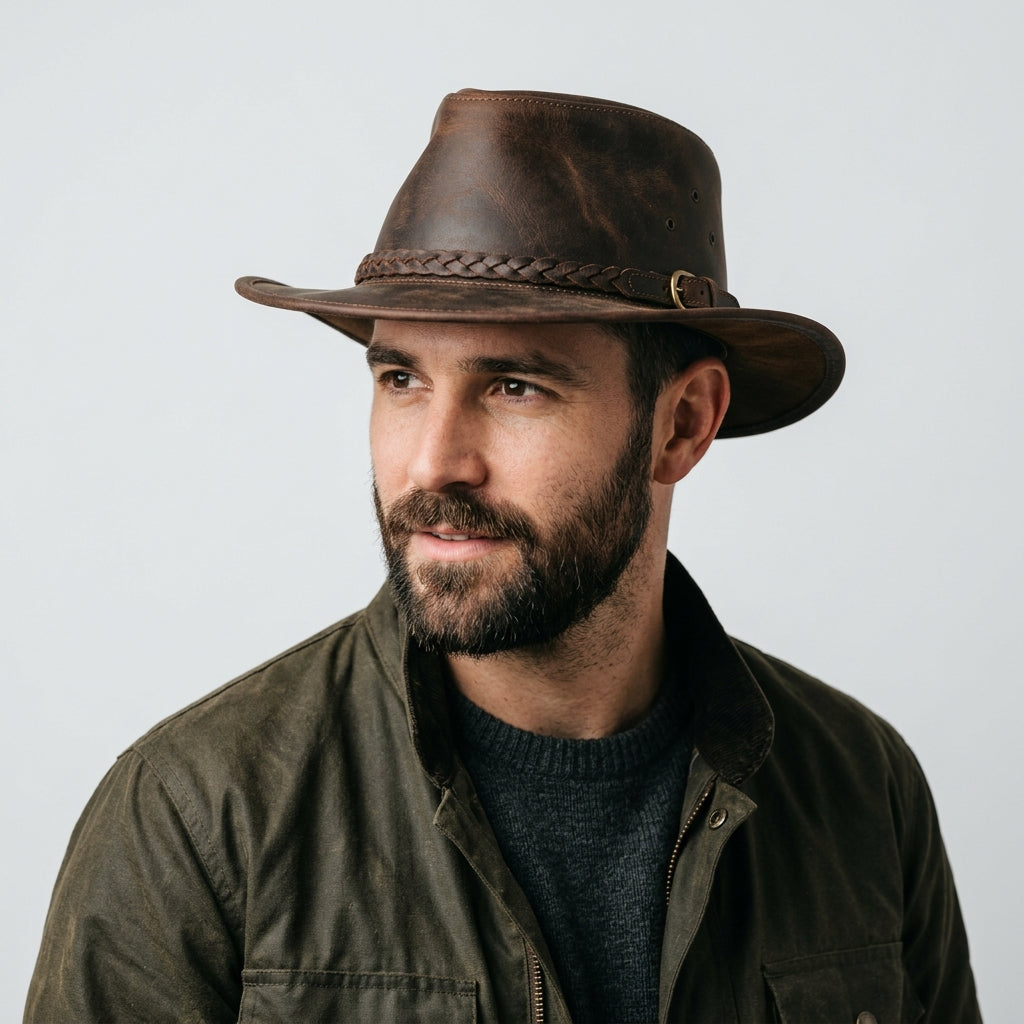 Rustic Brown Leather Cowboy Hat with Braided Hatband & Brass Buckle Detail