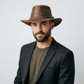 Brown Distressed Leather Western Hat with Braided Hatband – Rustic Cowboy Style