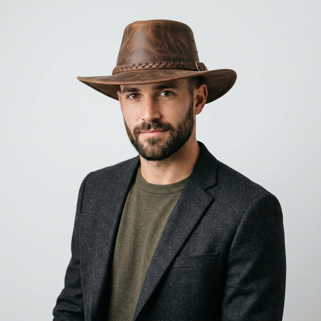 Brown Distressed Leather Western Hat with Braided Hatband – Rustic Cowboy Style