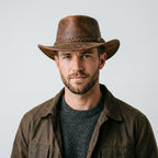 Outback Trading Company Ridge Brown Distressed Leather Hat with Braided Band & Brass Buckle