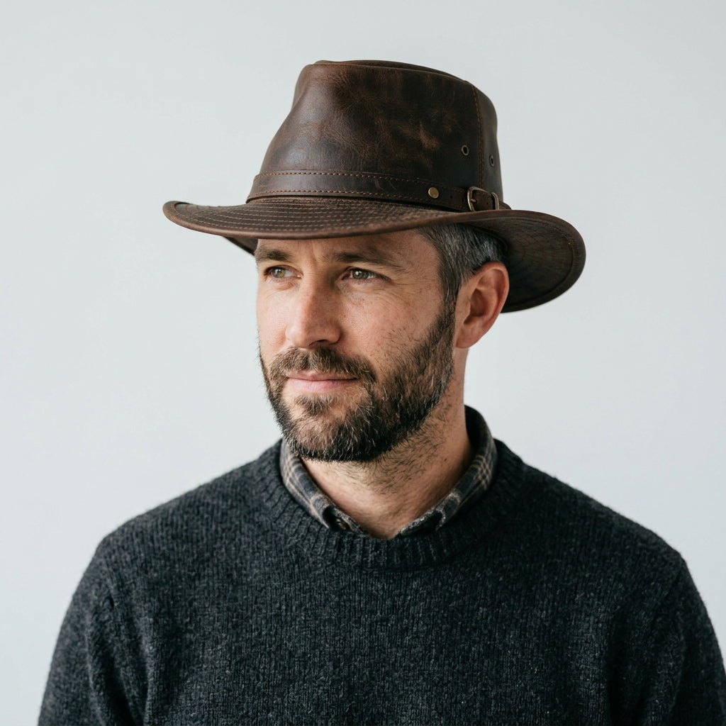Outback Trading Company River Guide Weathered Brown Leather Hat with Buckle Strap