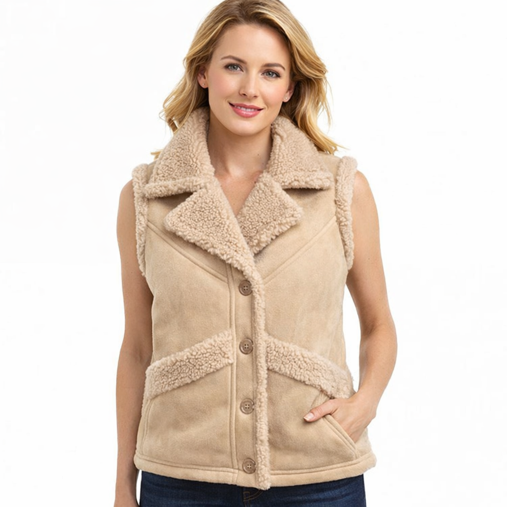 Light Brown Suede-Style Faux Shearling Teddy Vest for Women