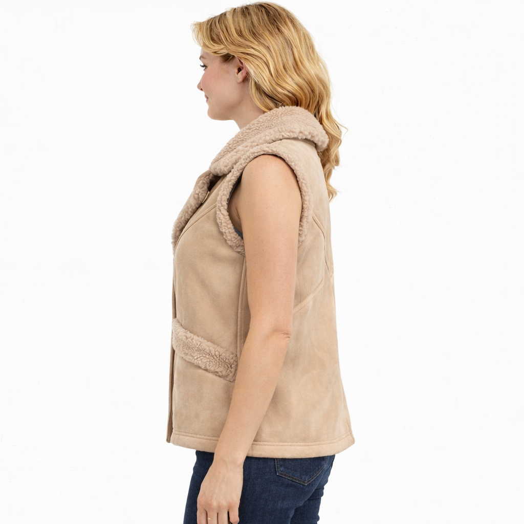 Light Brown Suede-Style Faux Shearling Teddy Vest for Women