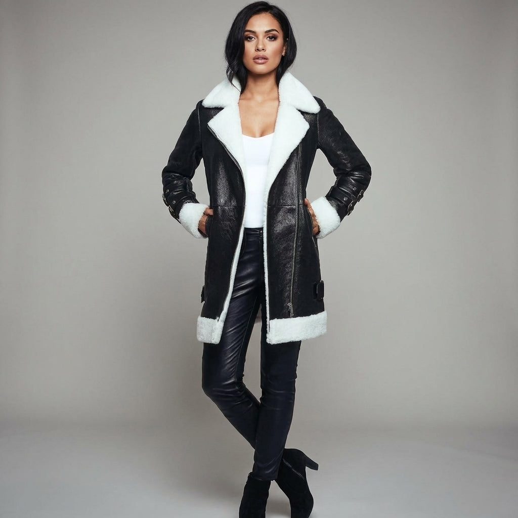 Long Black & White Shearling Coat – Premium Winter Luxury Jacket