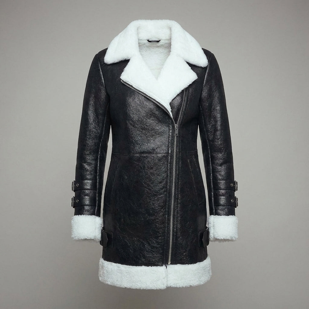Long Black & White Shearling Coat – Premium Winter Luxury Jacket