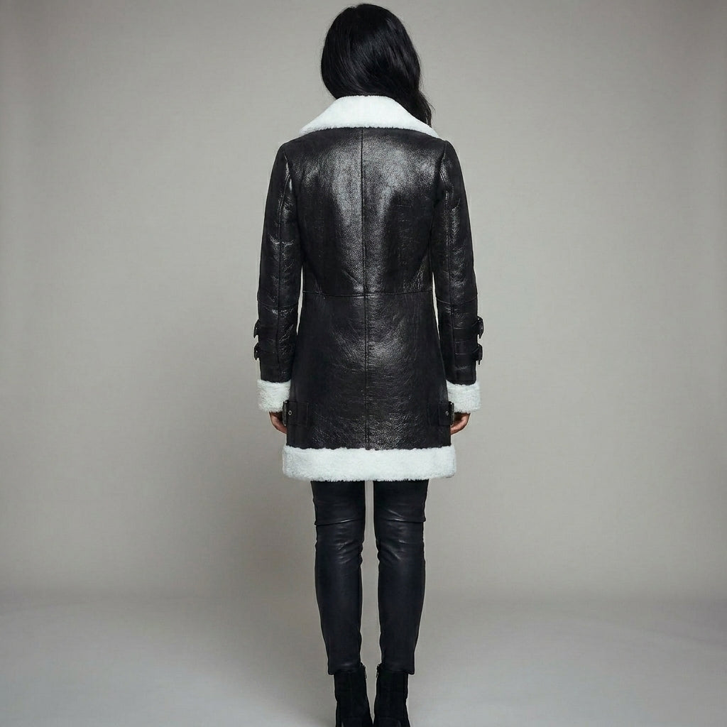 Long Black & White Shearling Coat – Premium Winter Luxury Jacket