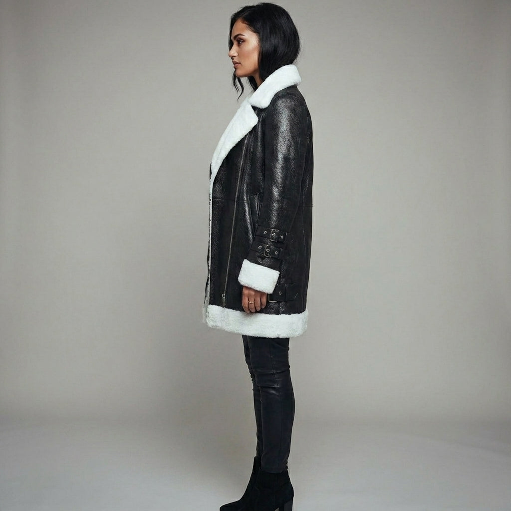 Long Black & White Shearling Coat – Premium Winter Luxury Jacket