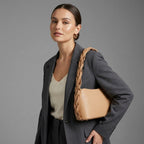 Luna Beige Braided Handle Shoulder Bag