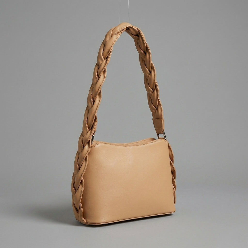 Luna Beige Braided Handle Shoulder Bag