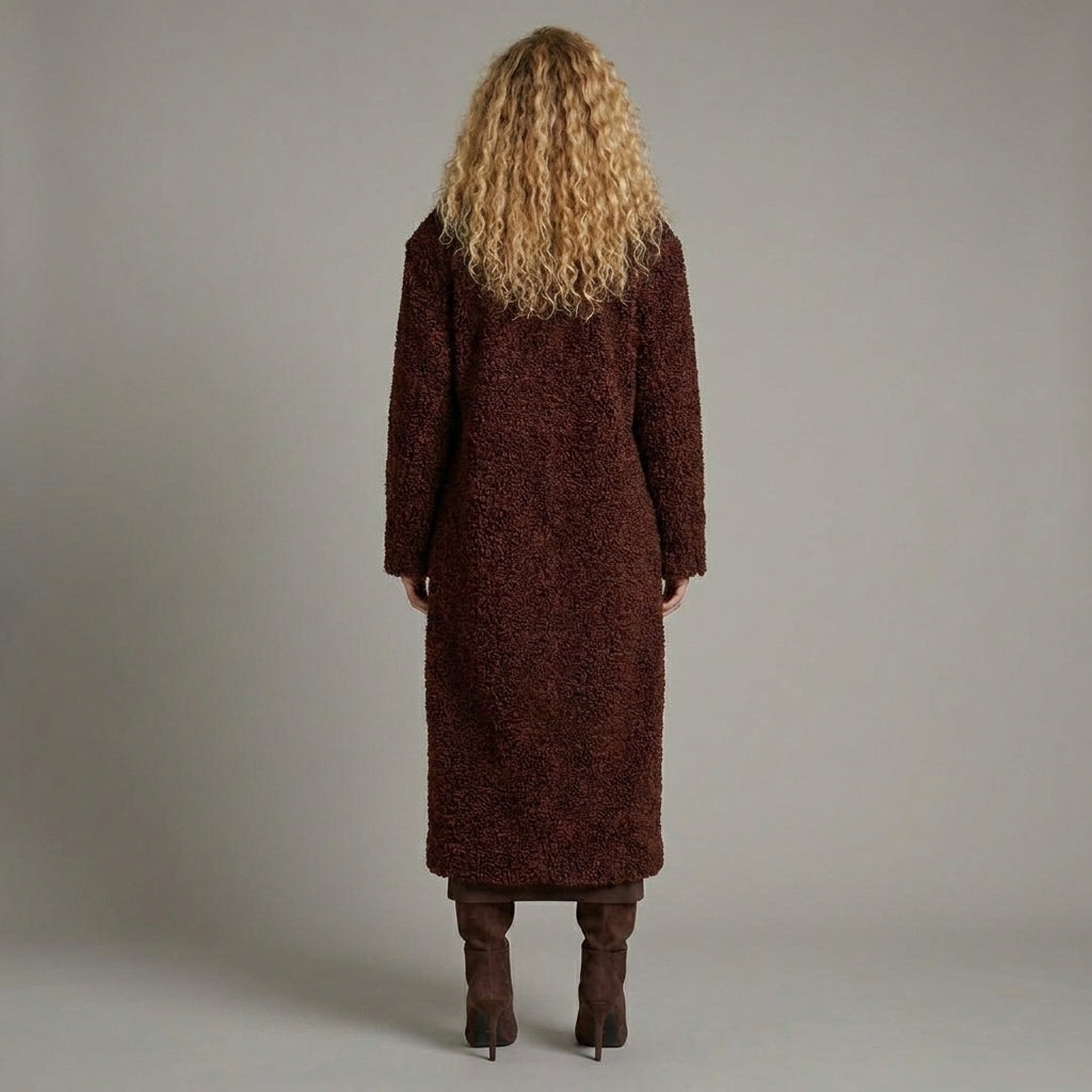 Luxe Brown Long Shearling Winter Coat for Women