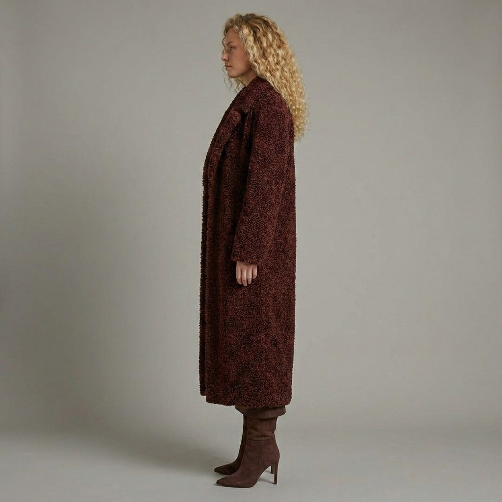 Luxe Brown Long Shearling Winter Coat for Women