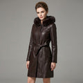 Dark Brown Women’s Fur Hooded Leather Winter Coat