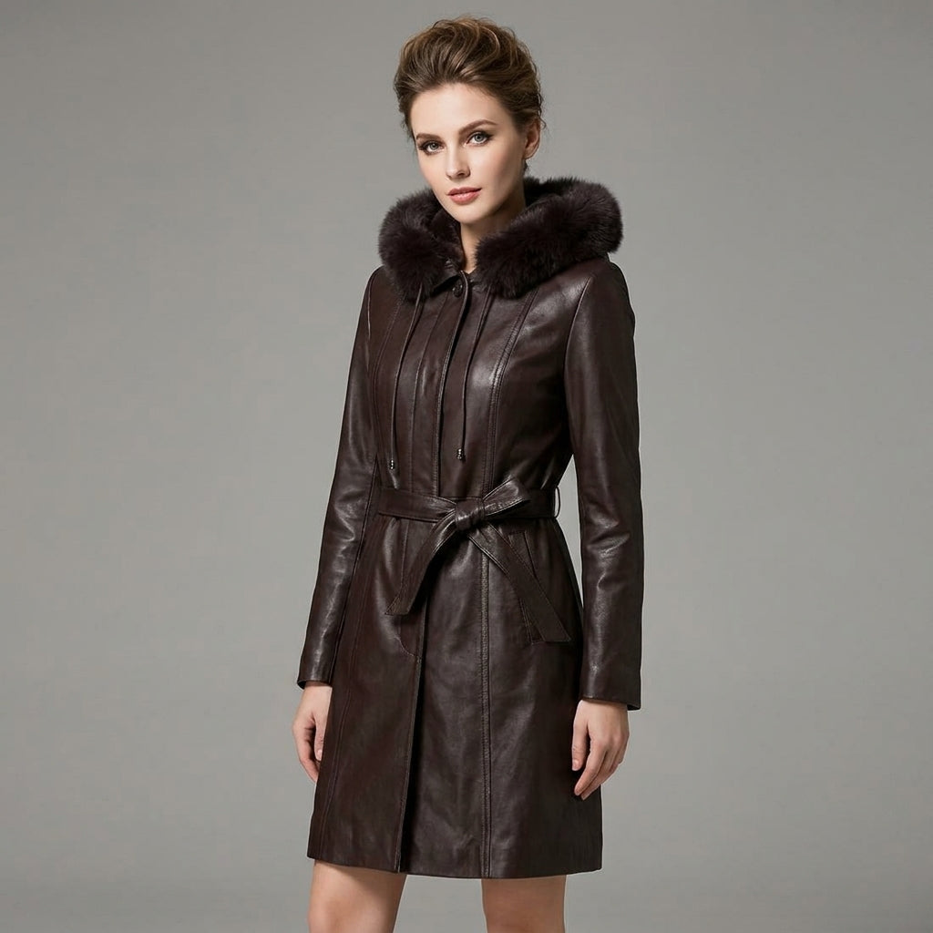 Dark Brown Women’s Fur Hooded Leather Winter Coat