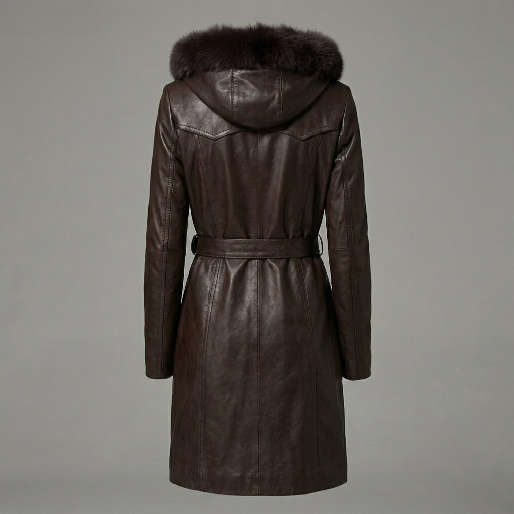 Dark Brown Women’s Fur Hooded Leather Winter Coat
