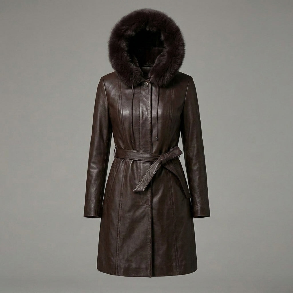 Dark Brown Women’s Fur Hooded Leather Winter Coat