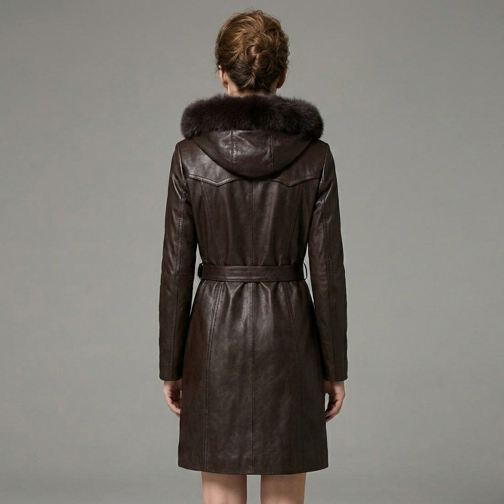 Dark Brown Women’s Fur Hooded Leather Winter Coat
