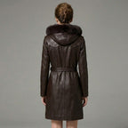 Dark Brown Women’s Fur Hooded Leather Winter Coat